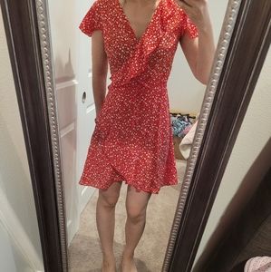 Red floral V neck dress